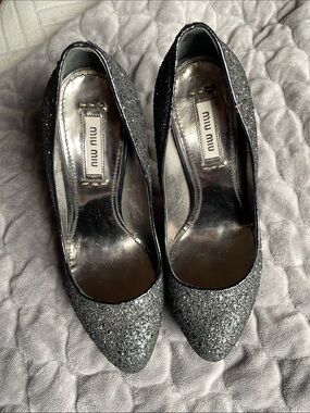 Miu Miu Black Glitter Pointed-Toe Pumps 35.5
